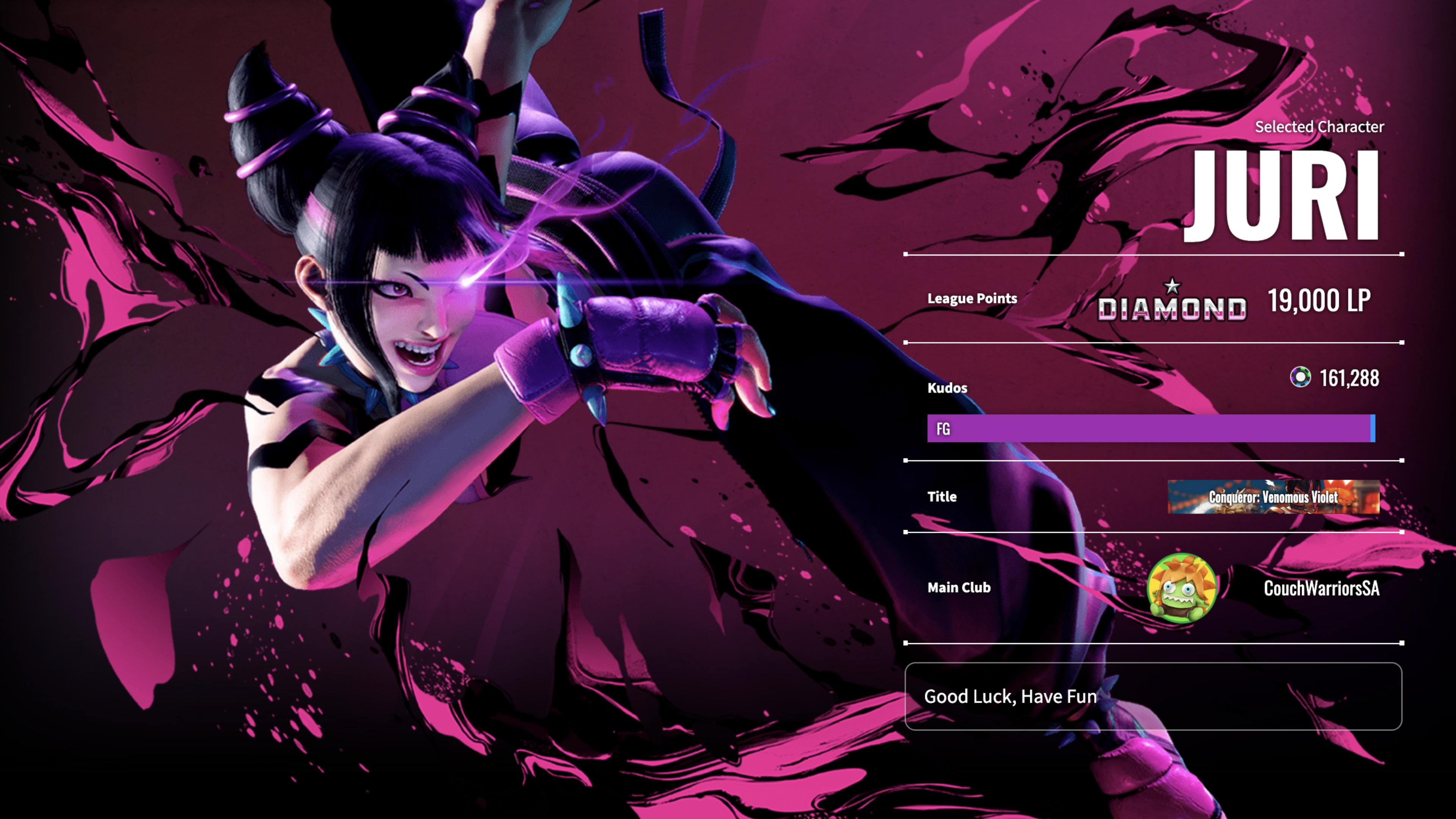 My Juri status card from the Street Fighter 6 website, showing I'm hanging on by a thread.