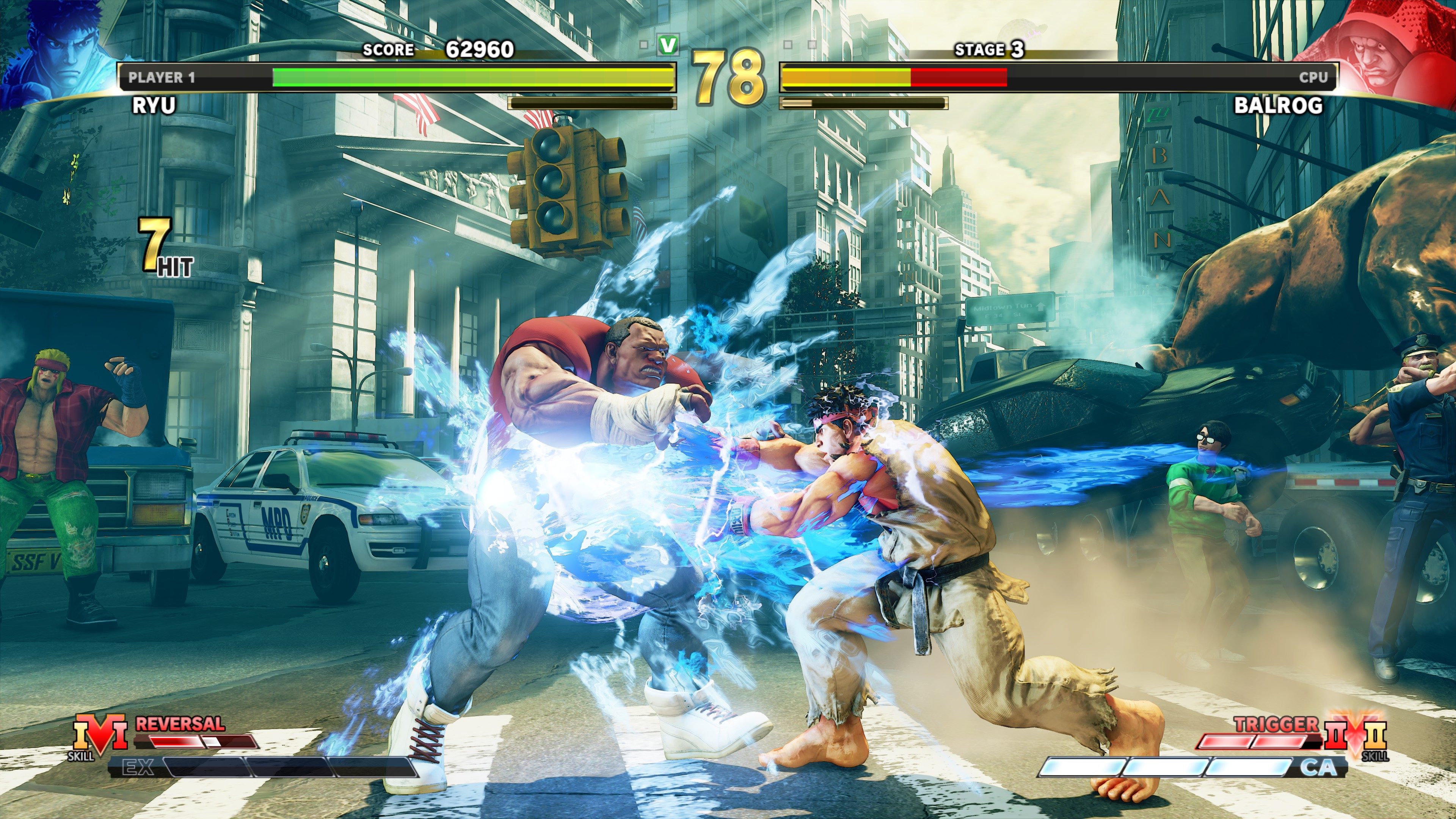 Ryu hits Balrog with a Super move in Street Fighter V