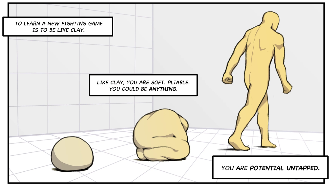 Panel 1 from the comic, showing a clay ball become the loose shape of a person