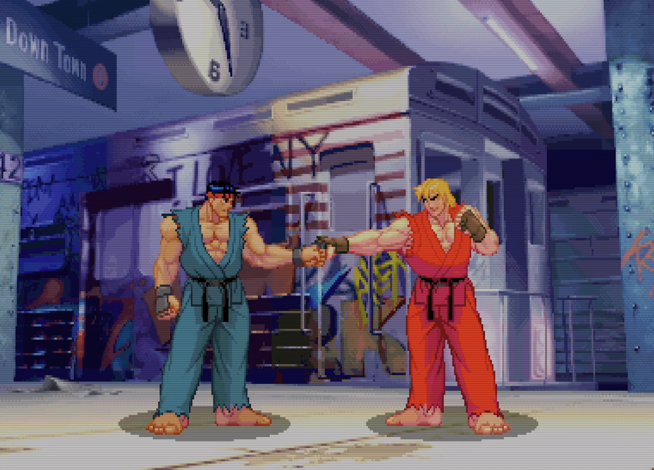 Ryu and Ken fistbump ahead of their fight in Street Fighter 3: 3rd Strike